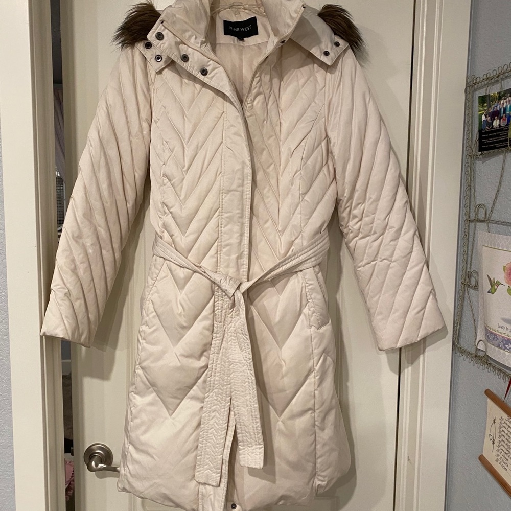 Gorgeous cream down coat with trendy faux fur hood